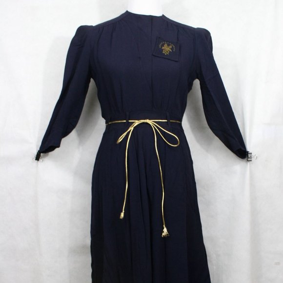 Vintage 40's Navy Blue Crepe Dress w/Embroider Pocket & Gold Cord Belt SZ XS EUC - Picture 2 of 7